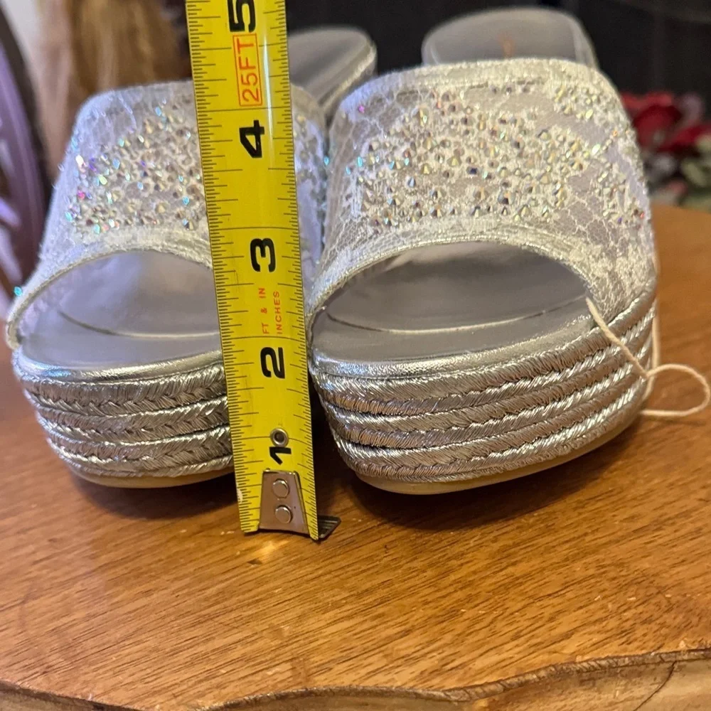 NWT Elegant LeSilla Silver with AB Crystals Women's Wedge Platform Sandals